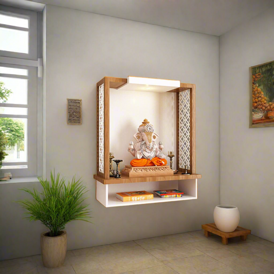 Pooja Mandir Wooden Temple White & Natural Wood Modern Design - Contemporary Wooden Wall-Mounted Pooja Mandir with Intricate Side Panels and Storage Shelf (24 Inches)