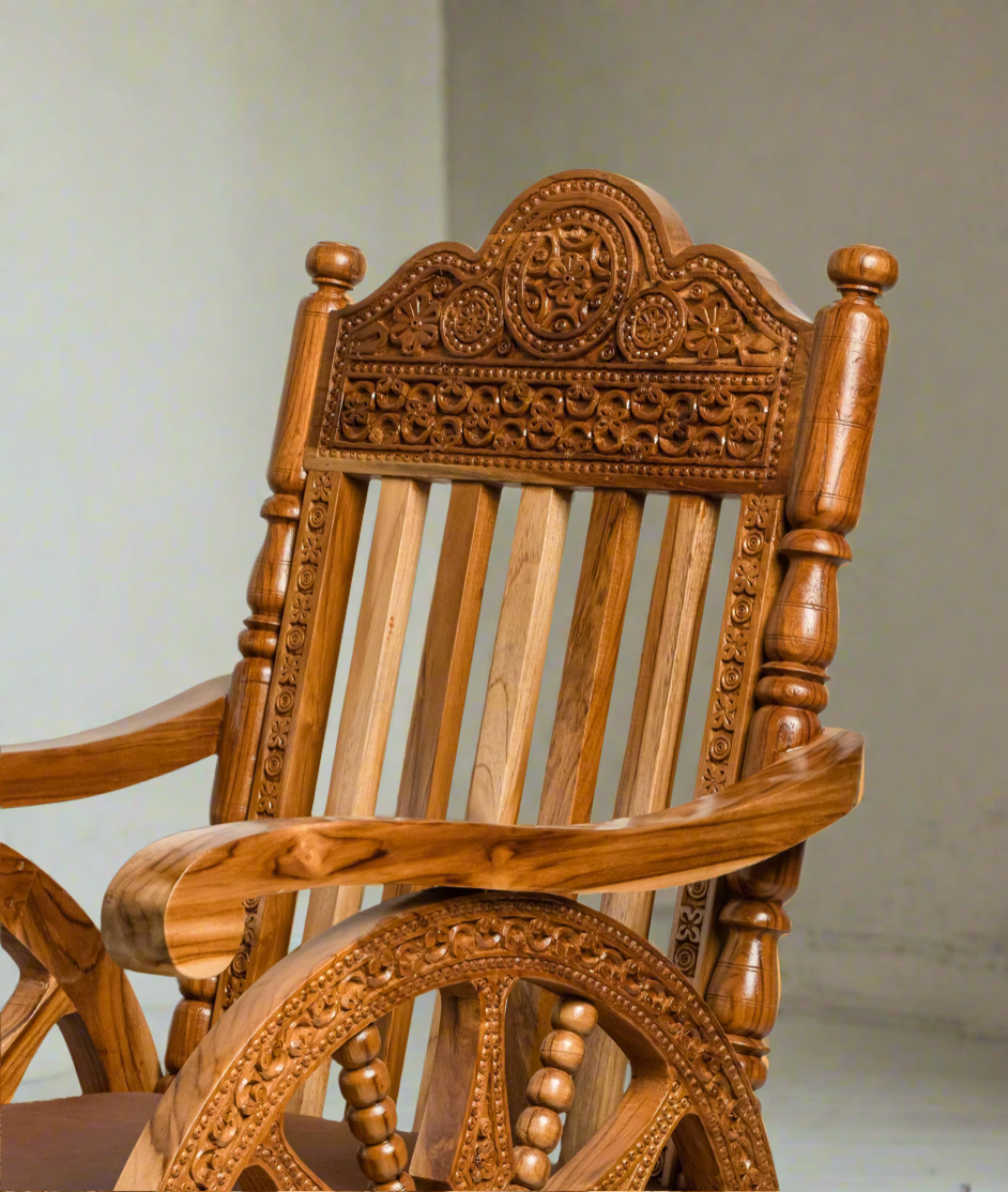 Handcrafted Luxury Wooden Rocking Chair with Intricate Carvings & Premium Upholstery