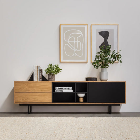 Modern TV Cabinet with Black and Wooden Finish - Stylish Media Console with Storage Shelves and Drawers