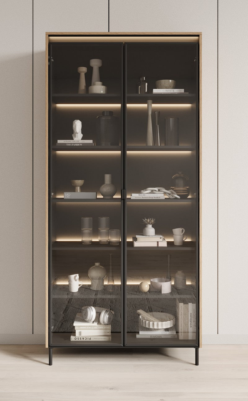 Modern Design Glass Display Cabinet with LED Lighting – Sleek Storage Solution for Living Room or Office Decor | Contemporary Glass Kitchen Crockery Cabinet with LED Display