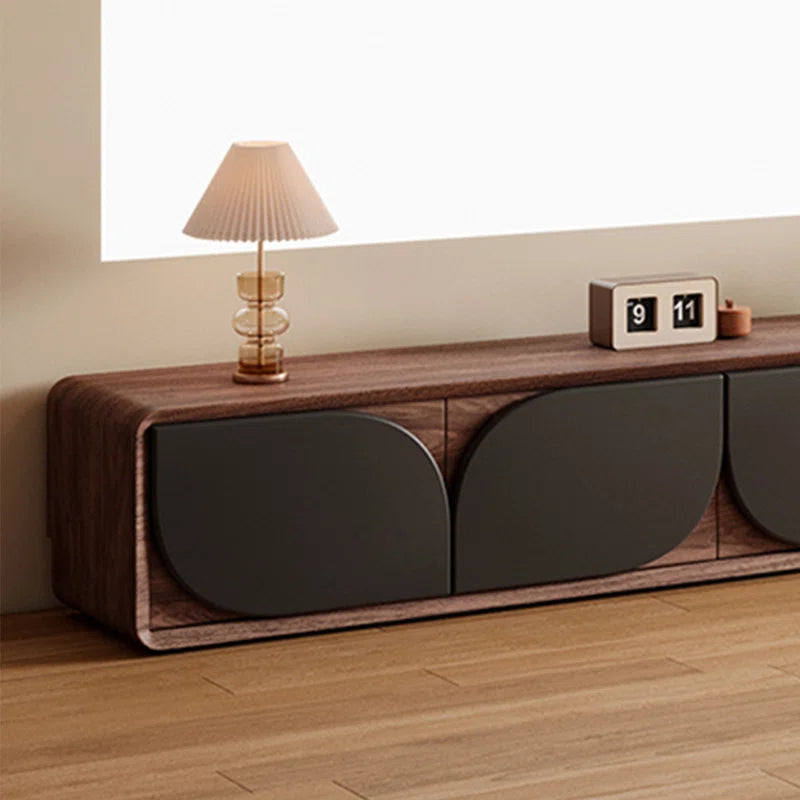 Contemporary TV Cabinet with Black Curved Doors | Walnut Wood Media Console for Elegant Living Rooms