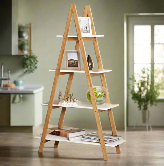 Modern A-Frame Wooden Planter Stand with Multi-Tier White Shelves for Home Decor