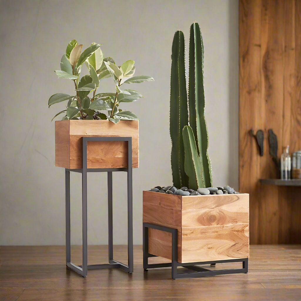 Modern Wooden Planters with Metal Stands – Stylish Indoor Plant Display for Contemporary Homes