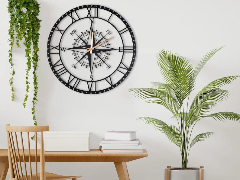 Large Compass Wall Clock with Roman Numerals – Modern Metal Design for Home or Office Decor