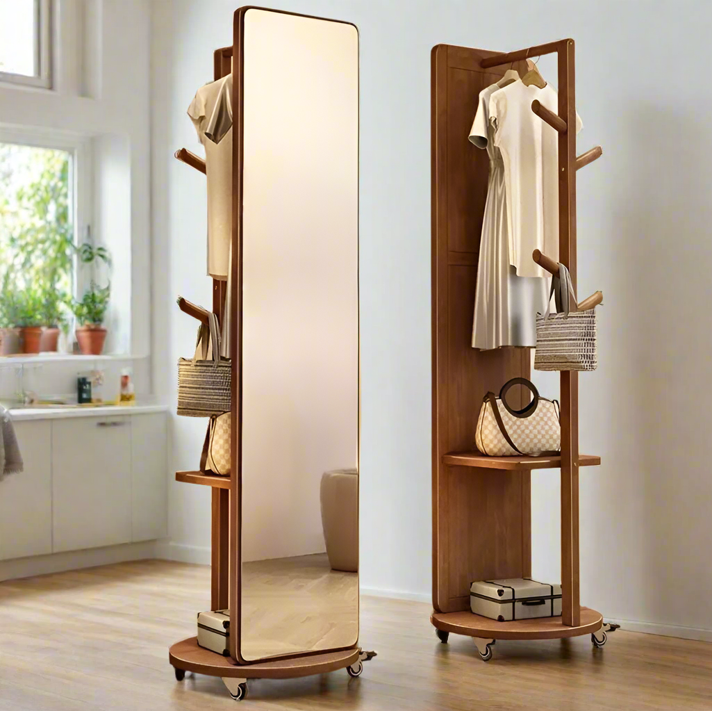 Rotating Full-Length Floor Mirror with Storage and Wooden Design | 360° Rotating Wooden Full-Length Mirror with Storage Shelves and Hangers - Modern Space-Saving Organizer