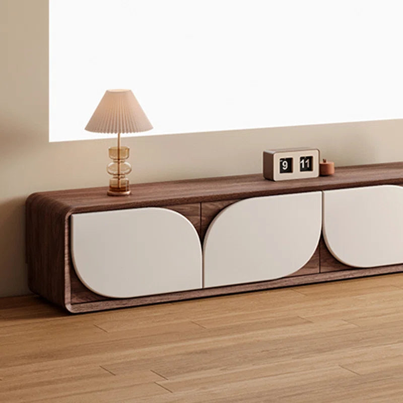 Modern Minimalist TV Cabinet with Curved White Doors | Sleek Wood Media Console for Stylish Living Rooms