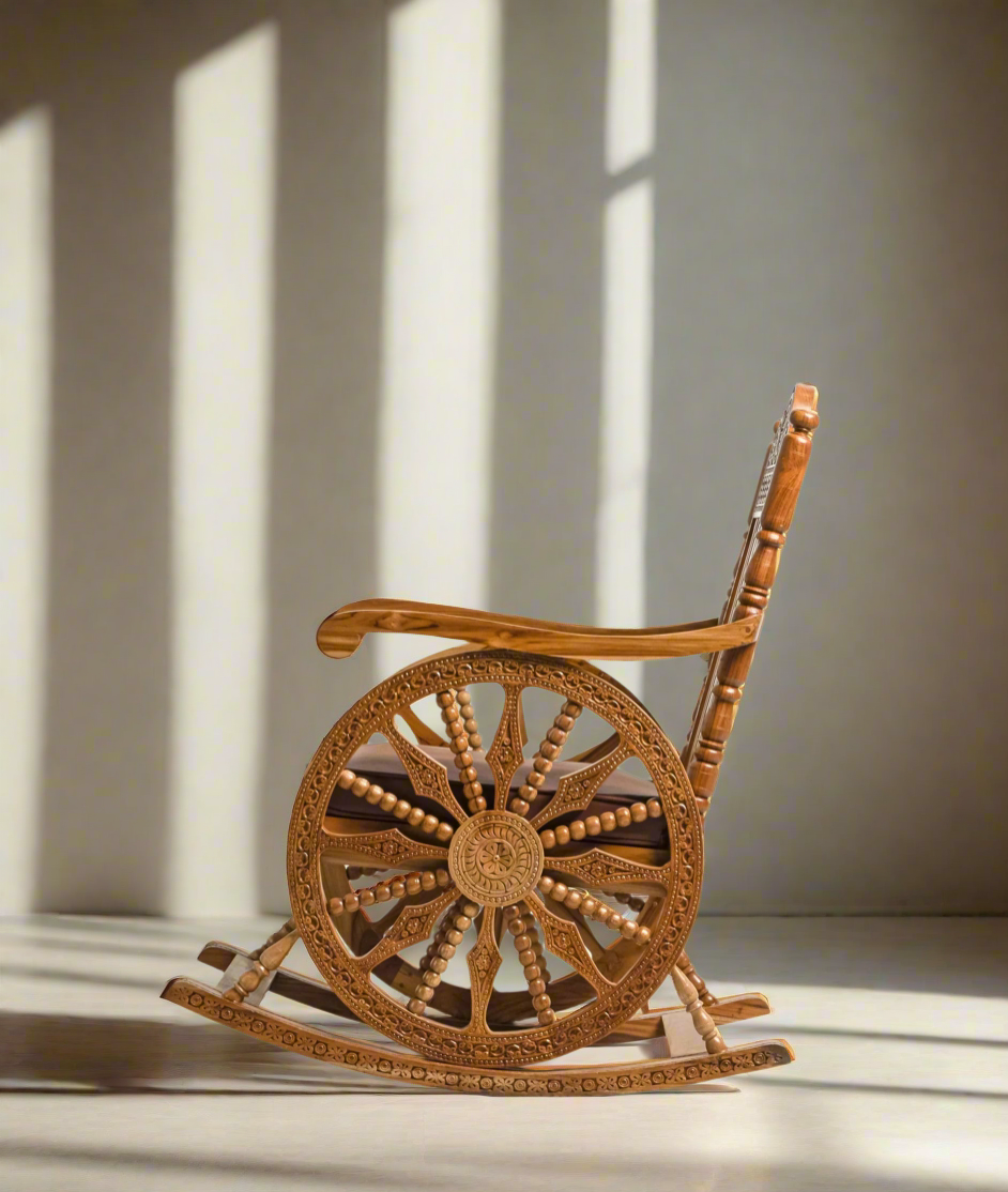 Handcrafted Luxury Wooden Rocking Chair with Intricate Carvings & Premium Upholstery