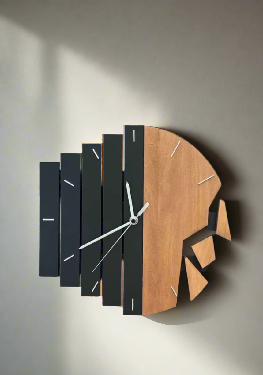 Modern Geometric Wooden & Black Wall Clock with Unique Fragmented Design