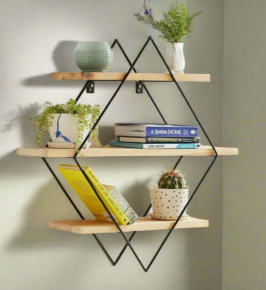 Modern Geometric Wall Shelf – Stylish Wooden and Metal Storage for Home Décor