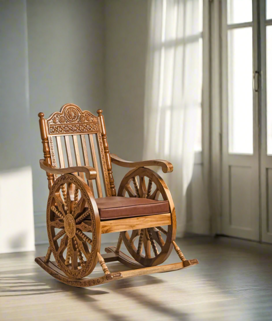 Handcrafted Luxury Wooden Rocking Chair with Intricate Carvings & Premium Upholstery