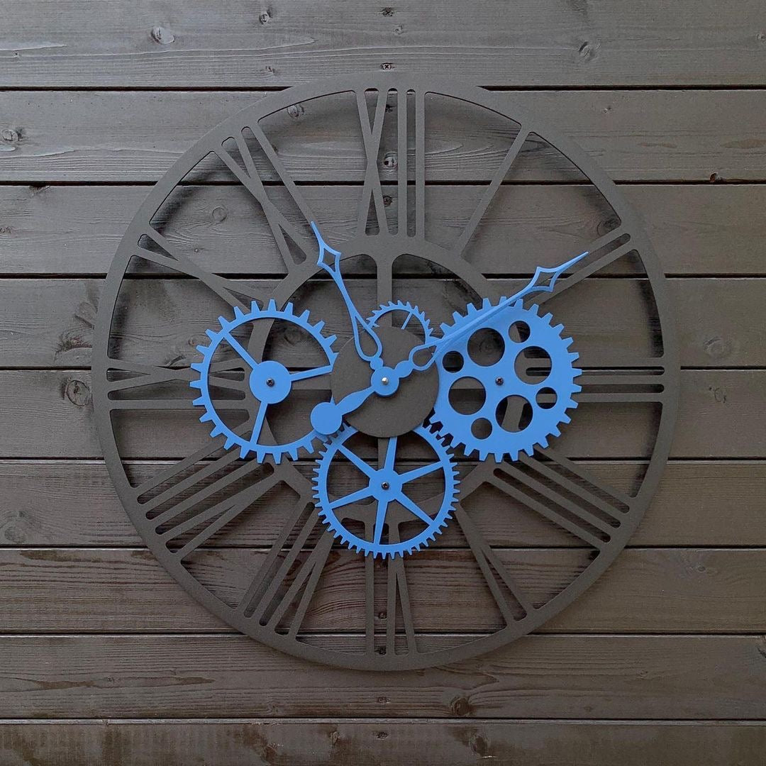 Stylish Industrial Gear Wall Clocks with Roman Numerals — Modern Designs in Orange, Blue, Yellow, and Red for Home Decor