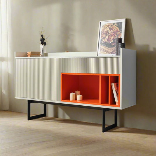 Modern Sideboard Cabinet with Ribbed Doors and Orange Accent Shelves - Contemporary Storage Unit