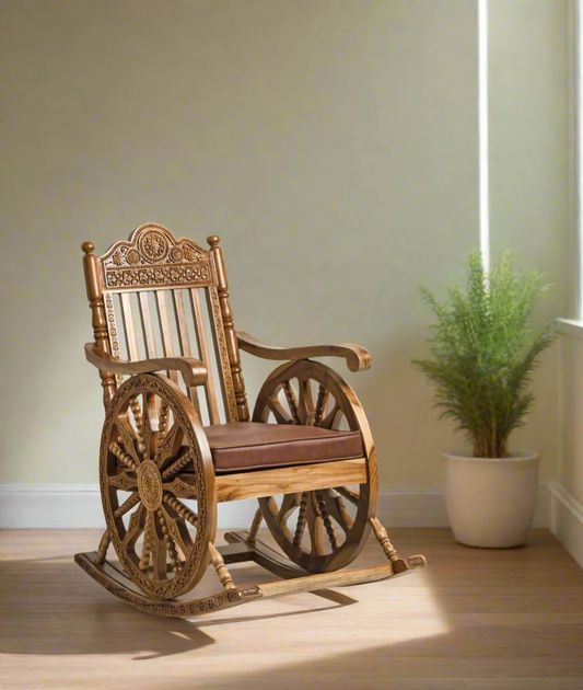 Handcrafted Luxury Wooden Rocking Chair with Intricate Carvings & Premium Upholstery