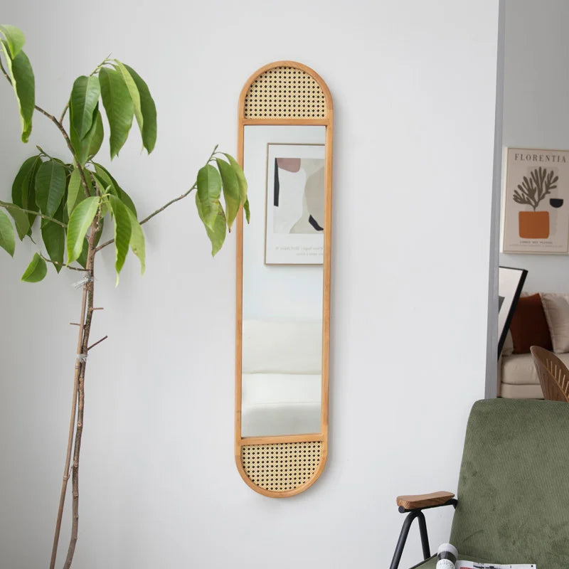 Rattan-Accented Wall Mirror - Slim Rectangular Boho Mirror for Home Decor