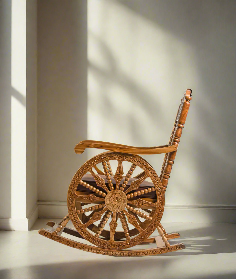 Handcrafted Luxury Wooden Rocking Chair with Intricate Carvings & Premium Upholstery