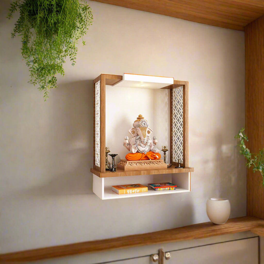 Pooja Mandir Wooden Temple White & Natural Wood Modern Design - Contemporary Wooden Wall-Mounted Pooja Mandir with Open Shelf Design (30 Inches)