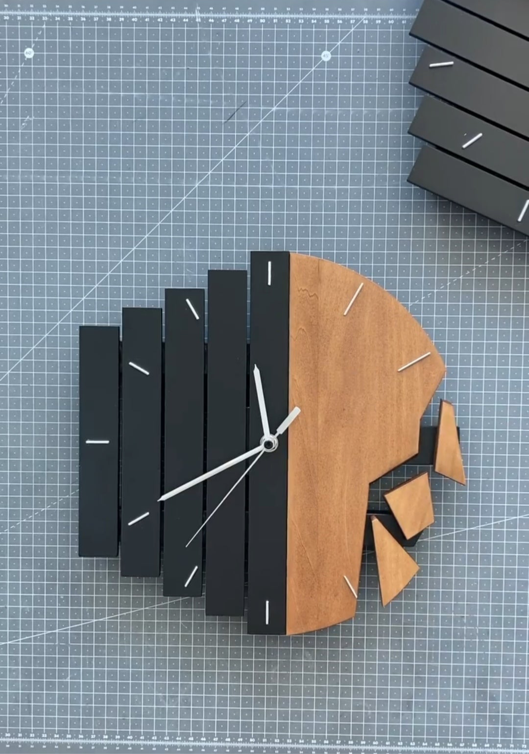 Modern Geometric Wooden & Black Wall Clock with Unique Fragmented Design