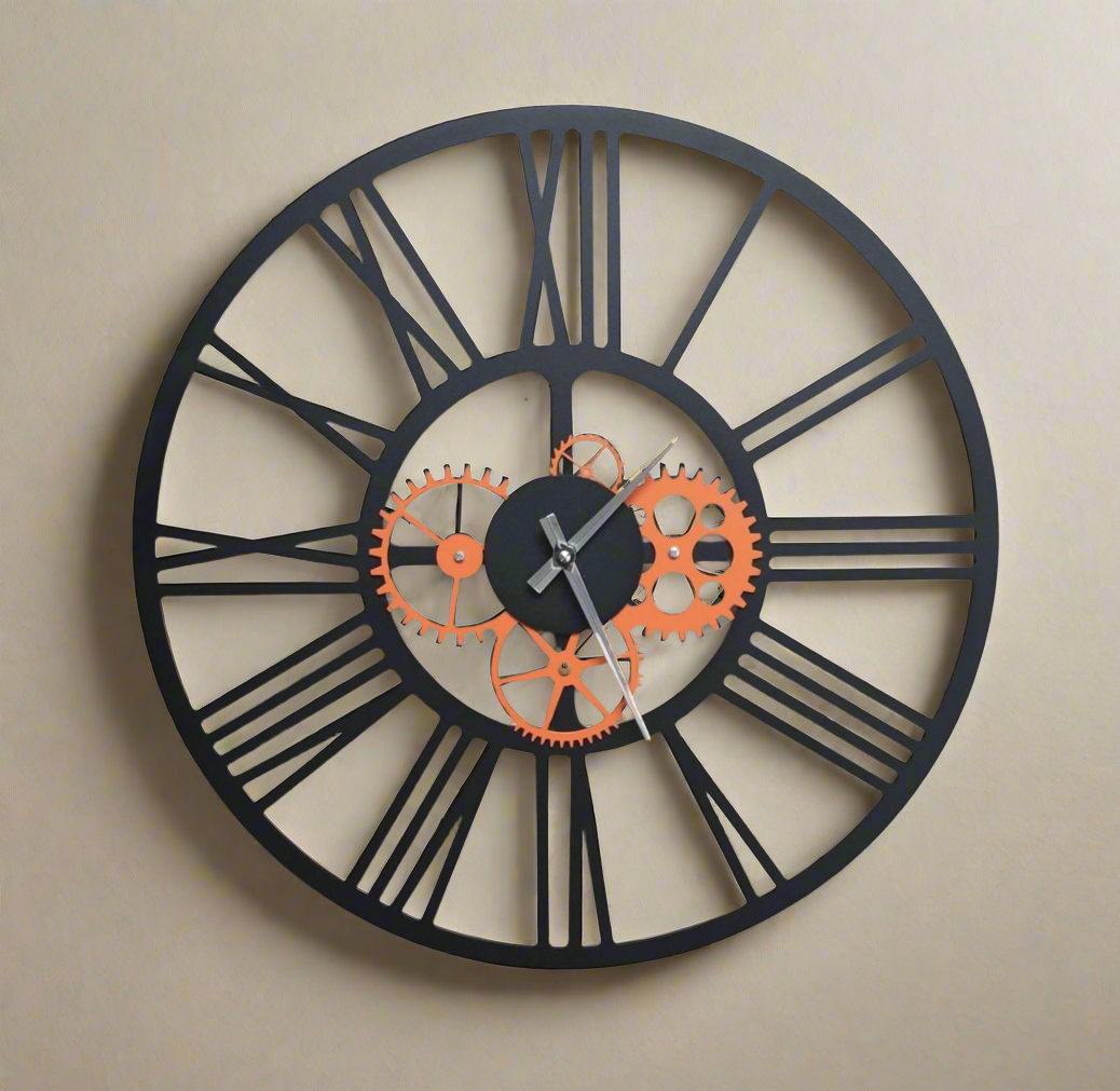 Stylish Industrial Gear Wall Clocks with Roman Numerals — Modern Designs in Orange, Blue, Yellow, and Red for Home Decor