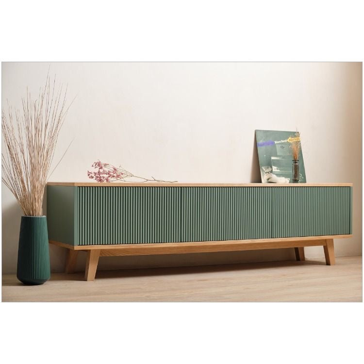 Imported Steam Beech Wood TV Cabinet with Ribbed Sage Green Front – Modern & Stylish Media Console | Modern Streamlined Beech Wood TV Cabinet with Ribbed Front for Stylish Living Rooms