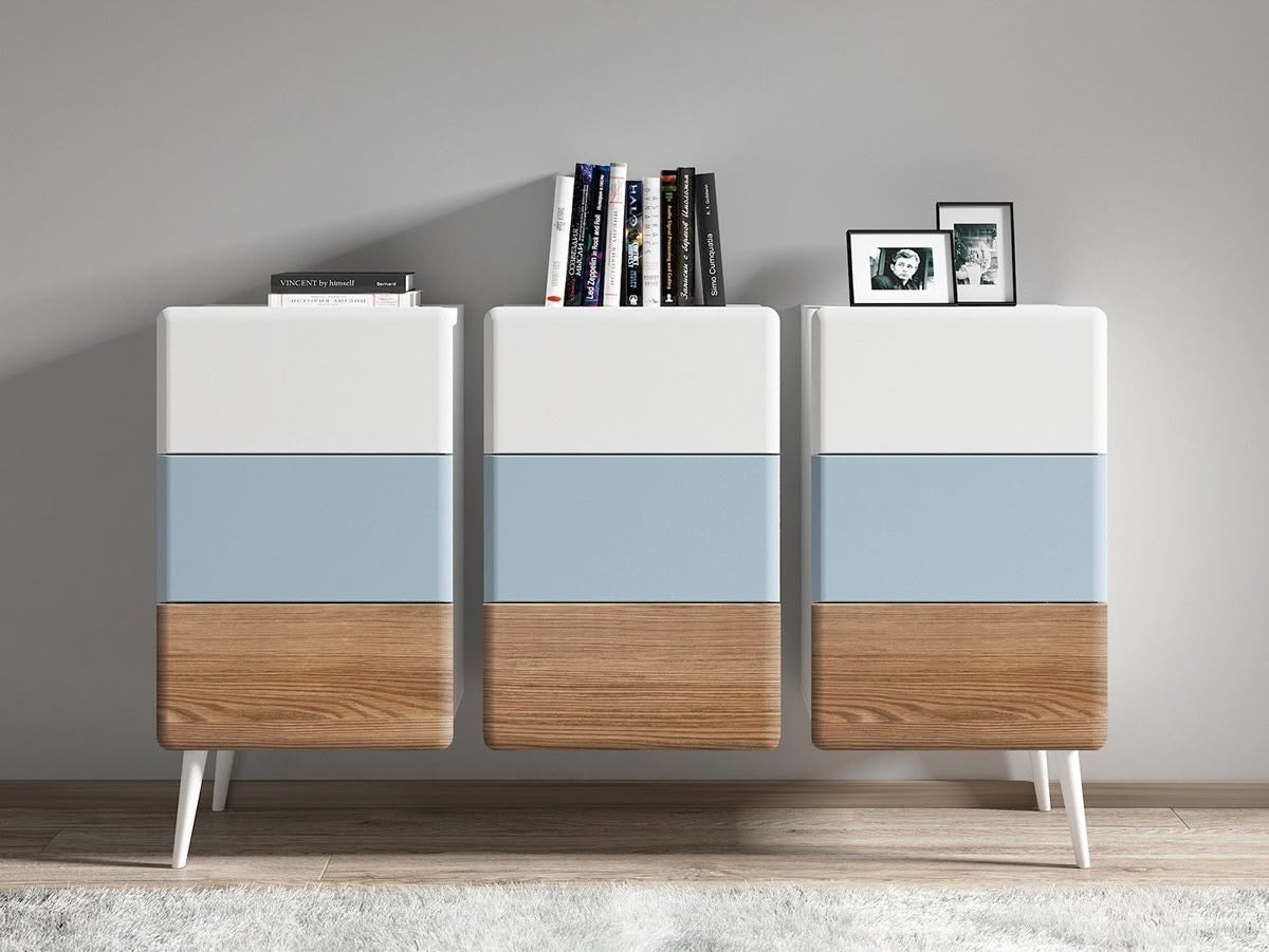 (Exclusive) - Modern Minimalist Cabinet with Blue and Wood Accents - Stylish Storage Solution