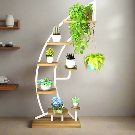 Half Ample Plant Stand/Storage Shelves Wood & Metal - Modern Curved Wooden Plant Stand with Multiple Tiers for Indoor Decoration