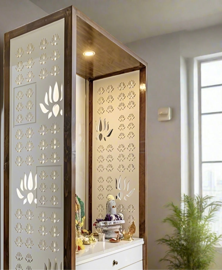 Luxury Wooden Pooja Mandir with Large Side Corian Jali & Storage | Modern Home Temple | Modern Wooden Pooja Mandir with Large Corian Jali Panels & Storage Cabinets