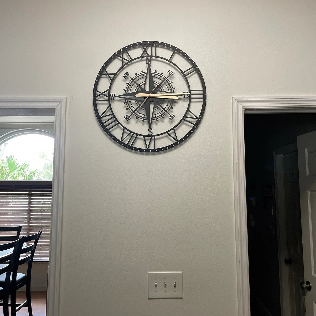 Large Compass Wall Clock with Roman Numerals – Modern Metal Design for Home or Office Decor