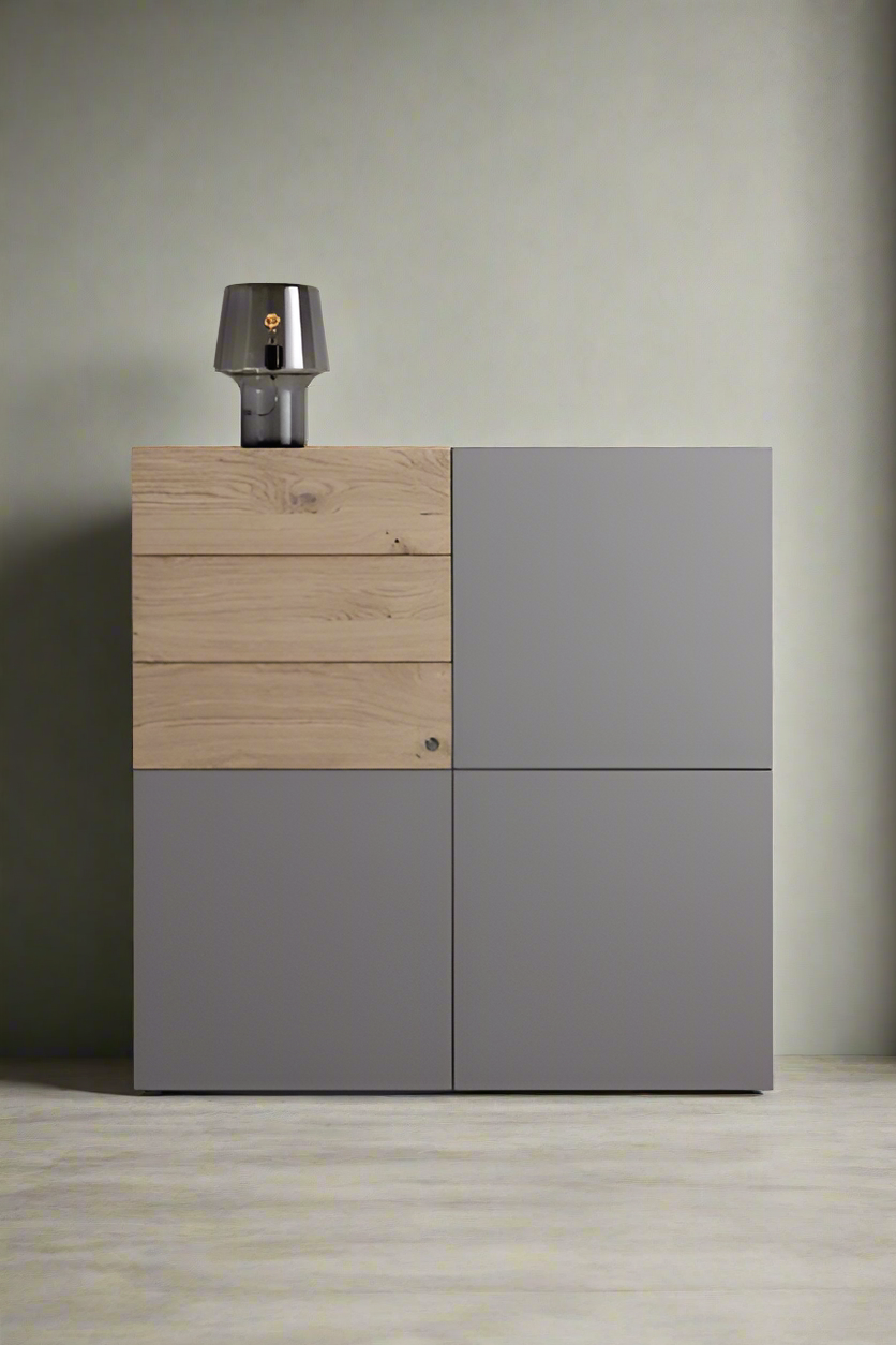 Modern Grey and Wood Corner Storage Cabinet with Minimalist Design - Stylish Grey and Wood Storage Cabinet for Modern Interiors