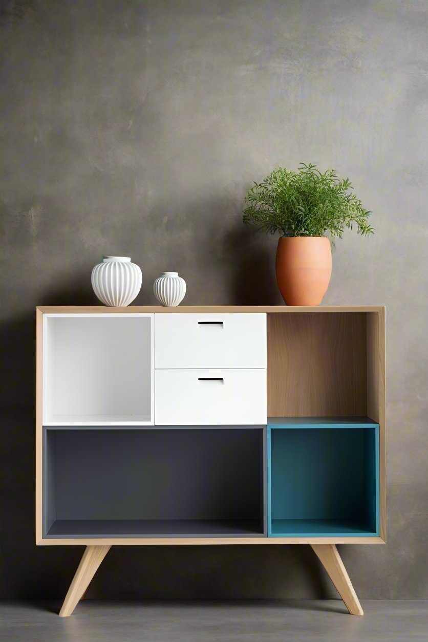 Modern Wooden Multi-Compartment Cabinet with White, Grey, and Blue Storage for Stylish Interiors | Luxury Scandinavian-Inspired Wooden Cabinet with Multi-Toned Storage for Sophisticated Living Spaces