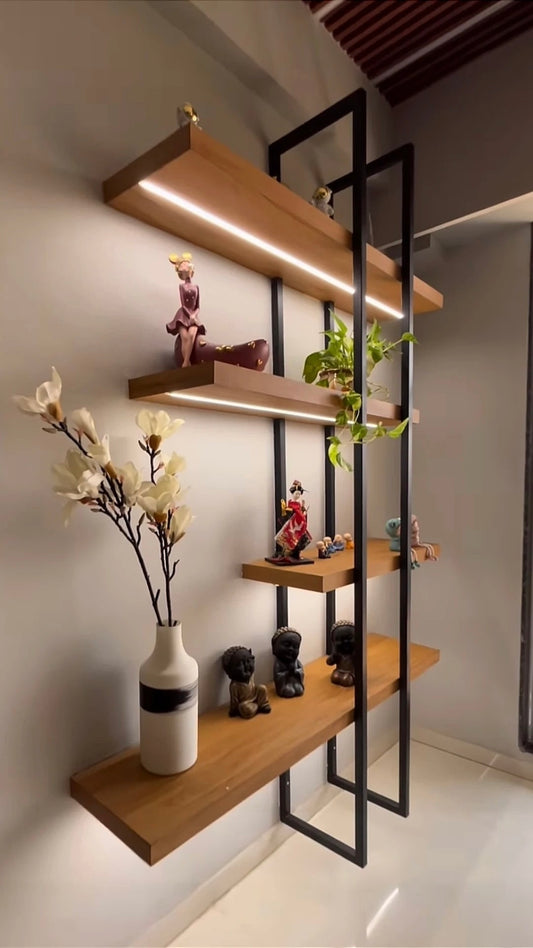 LED Illuminated Modern Design Metal & Teakwood Wall Mount Shelf/Shelves