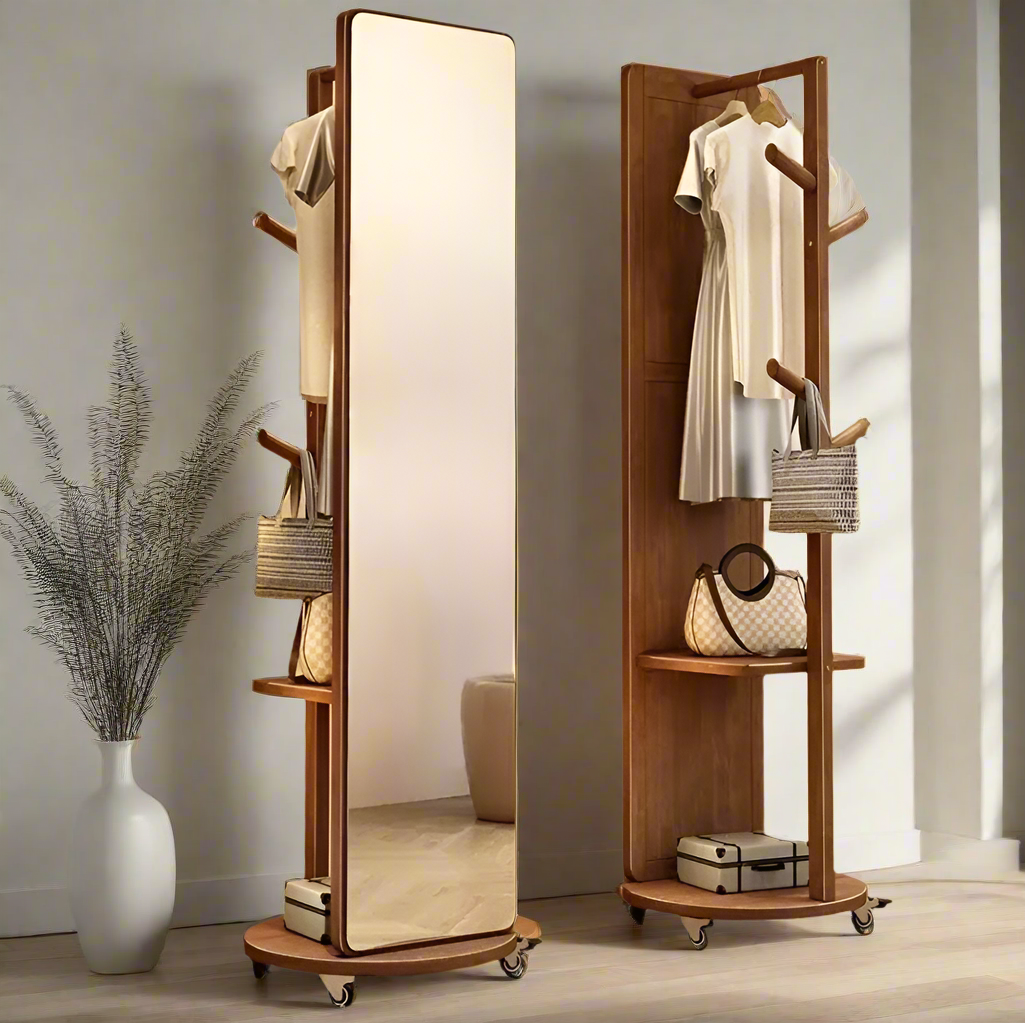 Rotating Full-Length Floor Mirror with Storage and Wooden Design | 360° Rotating Wooden Full-Length Mirror with Storage Shelves and Hangers - Modern Space-Saving Organizer