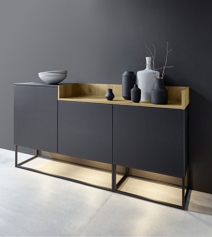 Modern Black Sideboard with Oak Accent and Metal Base – Elegant Storage Cabinet | Modern Black Display Cabinet with Oak Accent and Metal Base – Stylish Storage Solution