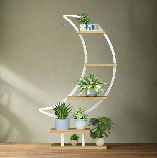 Modern Crescent Moon-Shaped Planter Stand with Multi-Tier Wooden Shelves for Indoor Plants