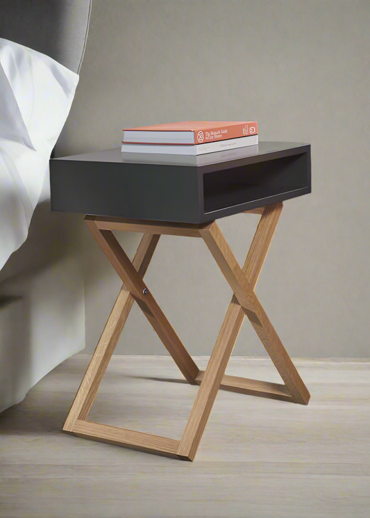 Cross Leg Bedside Table Black With Natural Wood | Modern Black Bedside Table with Wooden X-Frame Base | Stylish Nightstand with Open Storage