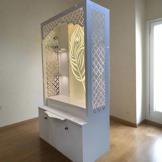 Modern White Wooden Pooja Mandir with Backlit Peacock Feather Design and Jaali Pattern