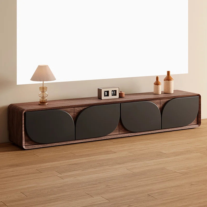 Contemporary TV Cabinet with Black Curved Doors | Walnut Wood Media Console for Elegant Living Rooms