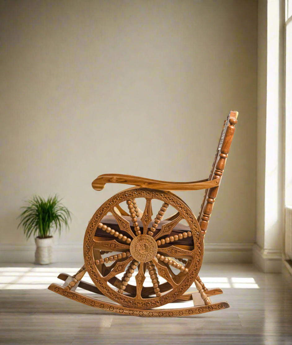 Handcrafted Luxury Wooden Rocking Chair with Intricate Carvings & Premium Upholstery