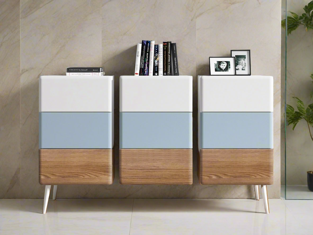 (Exclusive) - Modern Minimalist Cabinet with Blue and Wood Accents - Stylish Storage Solution