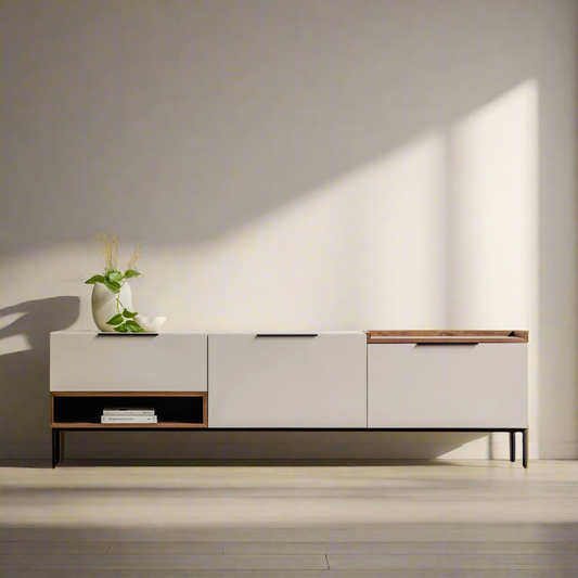 Modern Minimalist TV Cabinet with Storage - Sleek Media Console in Neutral Finish and Wooden Accents