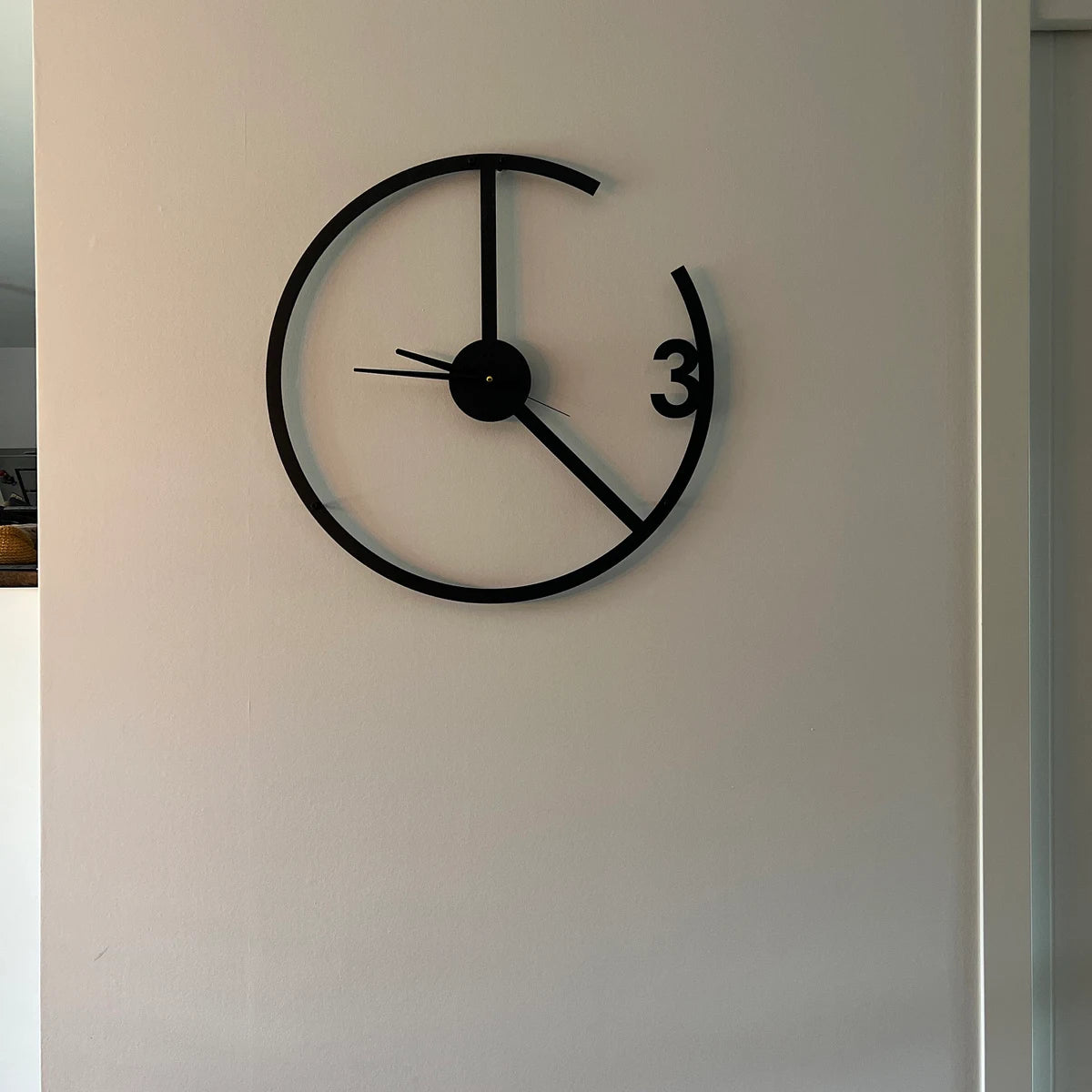 Minimalist Modern Wall Clock - Unique Open-Frame Design with Number 3 Accent