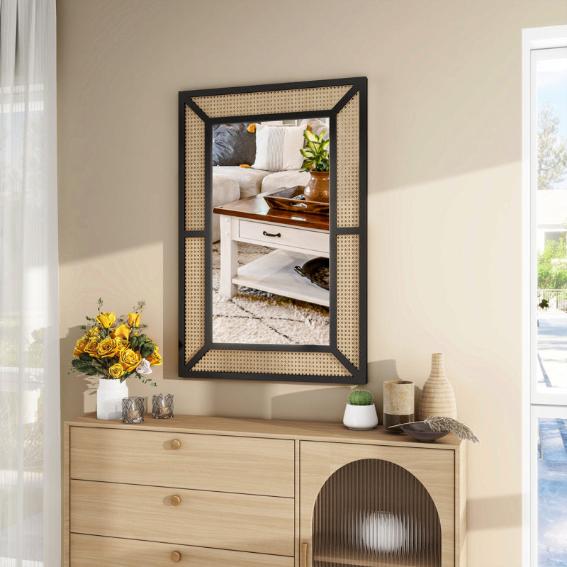 Rectangular Rattan Wall Mirror - Modern Farmhouse Mirror for Home Decor