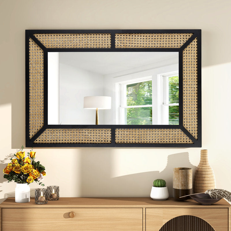 Rectangular Rattan Wall Mirror - Modern Farmhouse Mirror for Home Decor