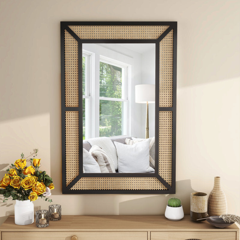 Rectangular Rattan Wall Mirror - Modern Farmhouse Mirror for Home Decor