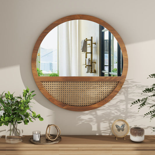 Round Teakwood Rattan Mirror | Boho Wall Décor