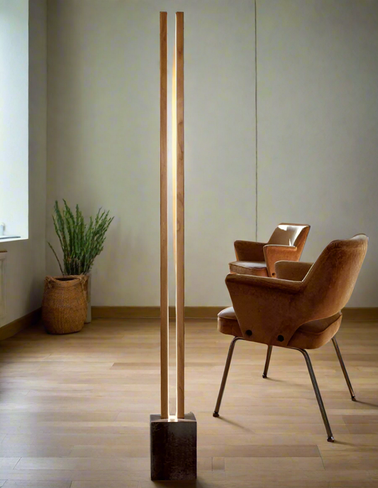 Modern Minimalist Wooden Floor Lamp with Dual Light Design | Elegant Wooden Floor Lamp with Minimalist Dual-Light Design for Modern Interiors