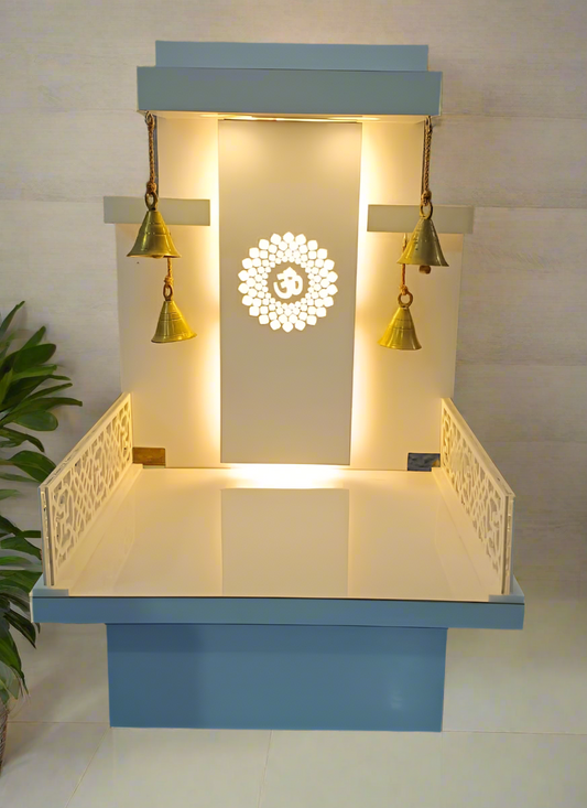 Elegant White Pooja Mandir with LED Backlight, Brass Bells, and Intricate Panel Design for Home Decor - Pooja Mandir Wooden Temple White LED Light for Home and Office (24 Inches)