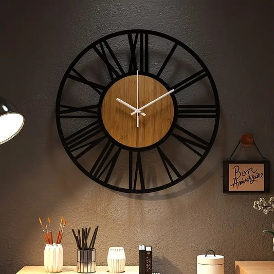 Modern Rustic Wall Clock with Roman Numerals and Wooden Center – Stylish Home Décor