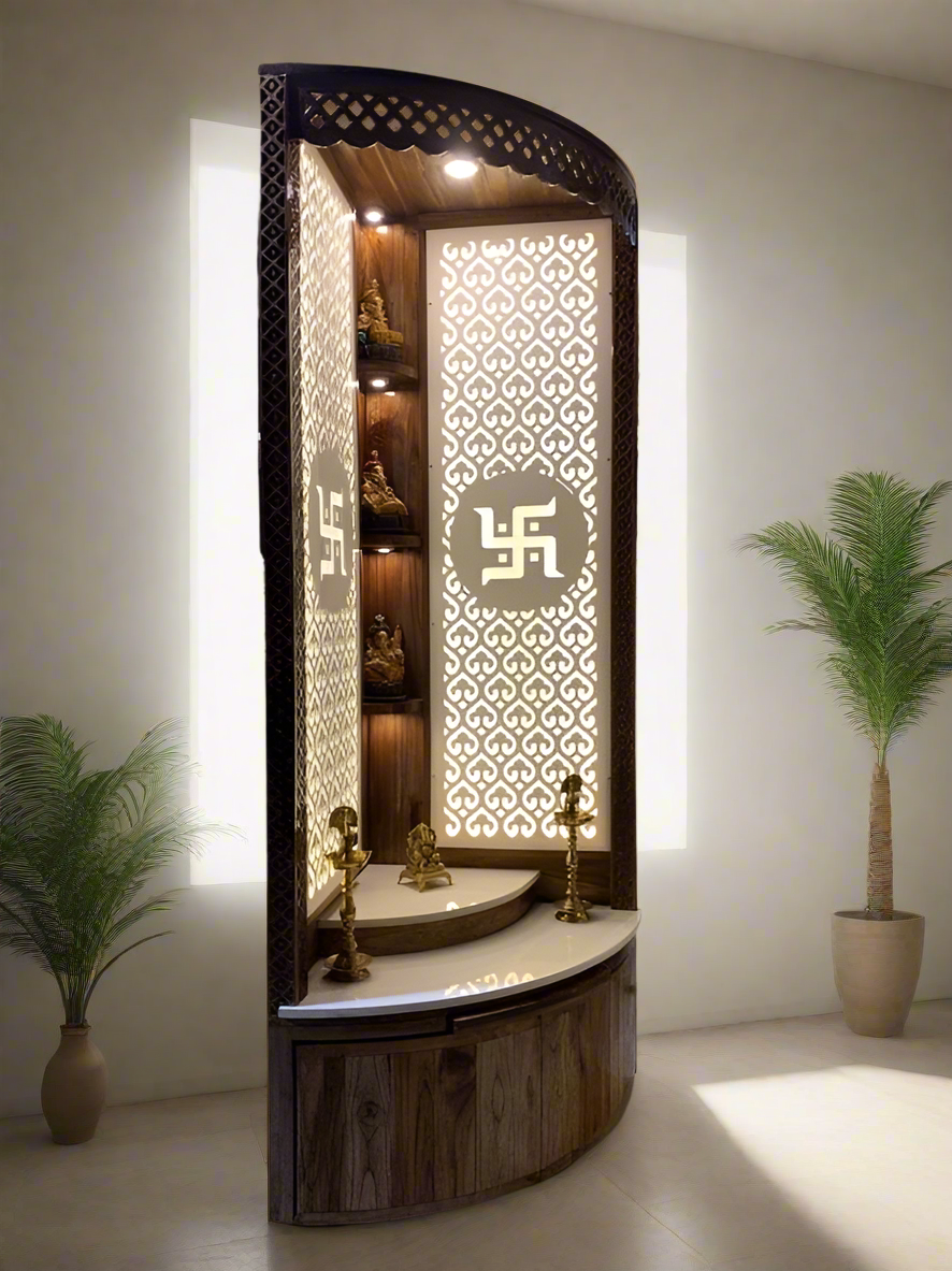 Luxury Corner Pooja Mandir for Home & Office - Elegant Wooden Corner Pooja Mandir with Backlit Swastik Design and Intricate Jali Work