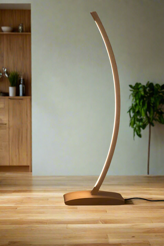 Modern Curved LED Floor Lamp with Wooden Frame for Elegant Home Lighting | Elegant Curved LED Floor Lamp with Wooden Base