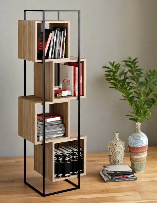 Modern Cube Bookshelf with Metal Frame – Space-Saving Wooden Storage for Home & Office